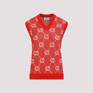 NWT Red GUCCI Vest GG cotton knit vest GG cotton jacquard knit vest 752543 Sz S